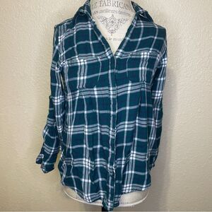 Lord & Taylor Plaid Button Down Long Sleeve Flannel Shirt Teal White Purple Med